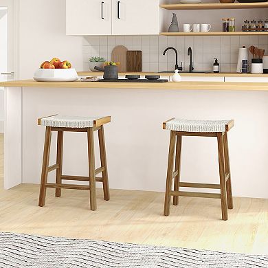 Set Of 2 25.5" Dining Bar Stools With Seaweed Woven Seats