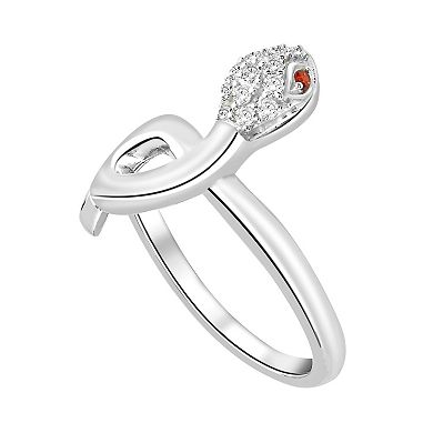 SIRI Sterling Silver Rhodium-Plated White Cubic Zirconia and Garnet Coiled Serpent Ring with Open Design