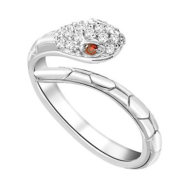SIRI Sterling Silver Rhodium-Plated White Cubic Zirconia and Garnet Minimalist Serpent Ring with Subtle Twist