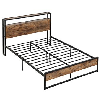 Full Size Bed Frame With 2 tier Storage Headboard And Charging Station