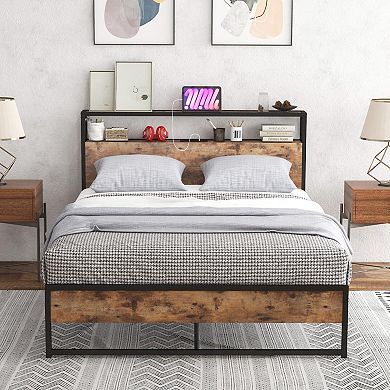 Full Size Bed Frame With 2-tier Storage Headboard And Charging Station