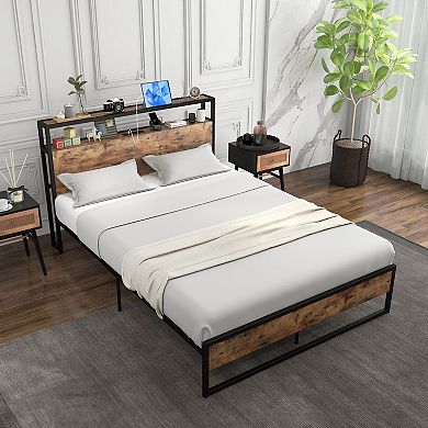 Full Size Bed Frame With 2-tier Storage Headboard And Charging Station