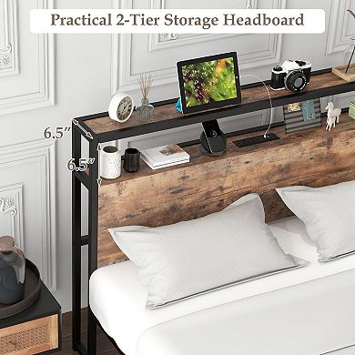 Full Size Bed Frame With 2-tier Storage Headboard And Charging Station