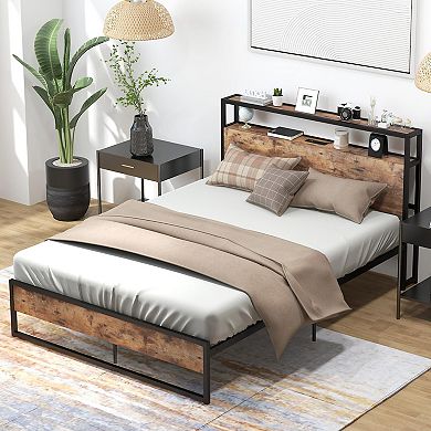 Full Size Bed Frame With 2-tier Storage Headboard And Charging Station