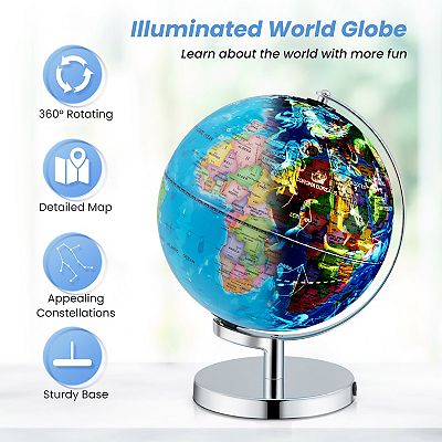 Illuminated World Globe with Stand, 3 In 1 Geography and