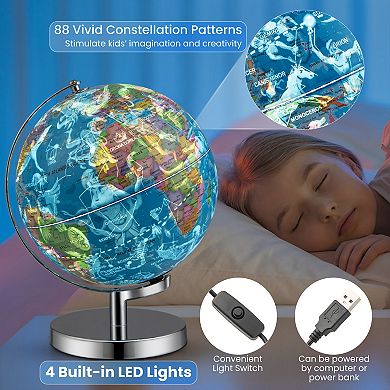 3-in-1 Illuminated World Globe With Stand And  88 Constellations