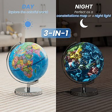 3-in-1 Illuminated World Globe With Stand And  88 Constellations
