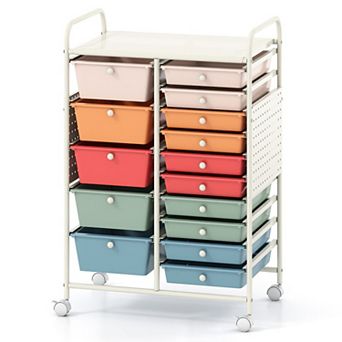 15 Drawer Rolling Cart with Metal Tabletop and Pegboard, 25 x 14.5 x 34.5 Inches