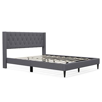 Gray Queen Size Upholstered Platform Bed With Button Tufted Wingback Headboard