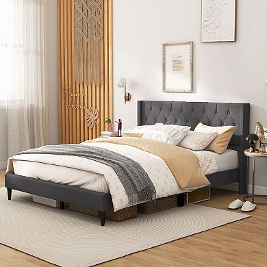 Gray Queen Size Upholstered Platform Bed With Button Tufted Wingback Headboard