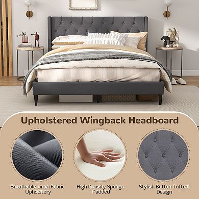 Gray Queen Size Upholstered Platform Bed With Button Tufted Wingback Headboard