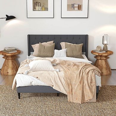 Gray Queen Size Upholstered Platform Bed With Button Tufted Wingback Headboard