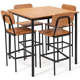 5 pc Industrial Dining Set With Counter-height Table And 4 Bar Stools-walnut