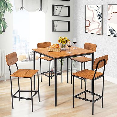 5-piece Industrial Dining Set With Counter-height Table And 4 Bar Stools-walnut