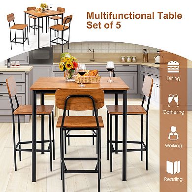 5-piece Industrial Dining Set With Counter-height Table And 4 Bar Stools-walnut