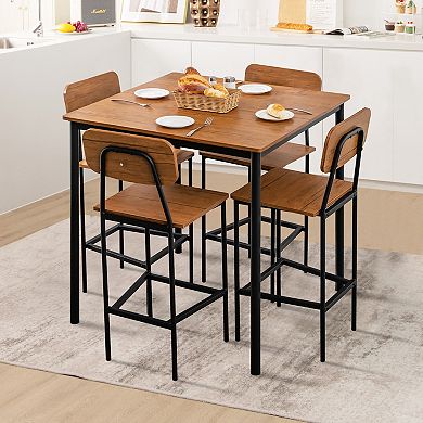 5-piece Industrial Dining Set With Counter-height Table And 4 Bar Stools-walnut