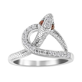 SIRI Sterling Silver Rhodium Plated White Cubic Zirconia & Garnet Cubic Zirconia On Eyes Coiling Serpent Ring