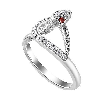 SIRI Sterling Silver Rhodium Plated White Cubic Zirconia & Garnet Cubic Zirconia On Eyes Coiling Serpent Ring