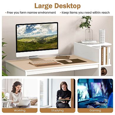 Home Office Computer Desk With Bookshelf And Drawers-white