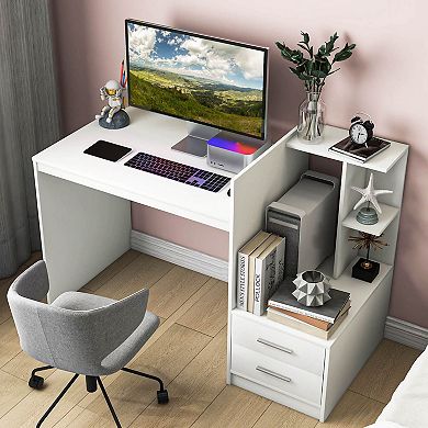 Home Office Computer Desk With Bookshelf And Drawers-white