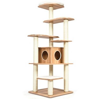 7-layer Wooden Cat Tree Tall Cat Tower With Sisal Posts And Condo