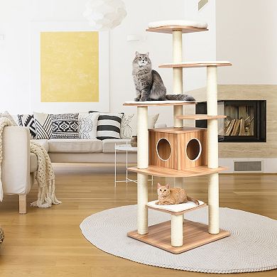7-layer Wooden Cat Tree Tall Cat Tower With Sisal Posts And Condo