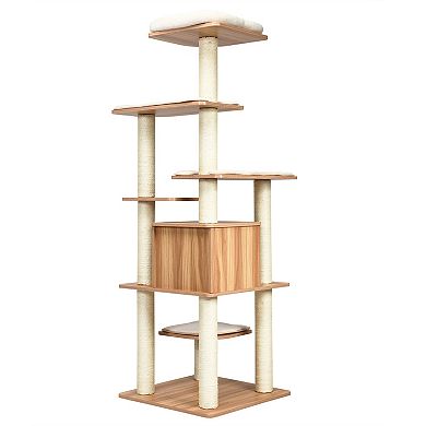 7-layer Wooden Cat Tree Tall Cat Tower With Sisal Posts And Condo