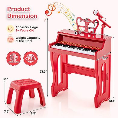 37-key Kids Piano Keyboard With Microphone And Detachable Music Stand-red