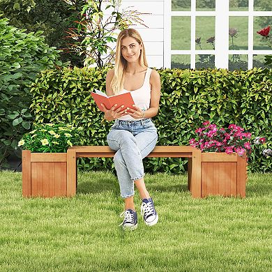 Wood Planter Box With Bench For Garden, Yard, And Balcony