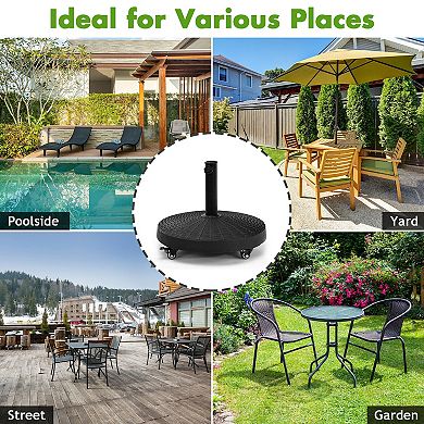 50 Lbs Patio Wicker Style Resin Umbrella Base Stand Heavy Duty With Wheels
