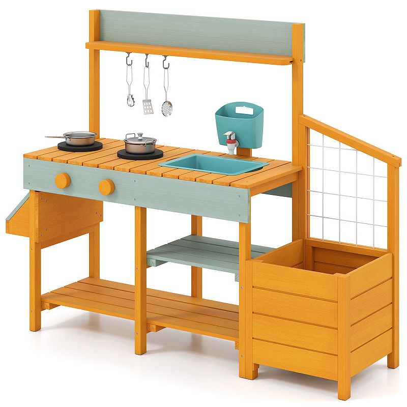 Outdoor Mud Kitchen Playset 45.5 Inch with Sink Faucet and Planter