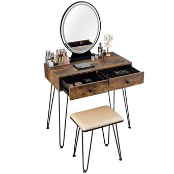 Rustic Brown Industrial Vanity Table With 3 Lighting Modes