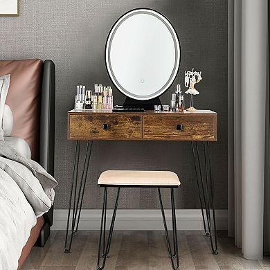 Rustic Brown Industrial Vanity Table With 3 Lighting Modes