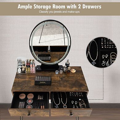 Rustic Brown Industrial Vanity Table With 3 Lighting Modes