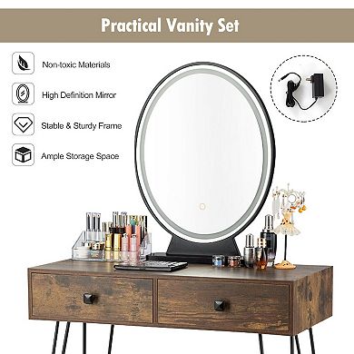 Rustic Brown Industrial Vanity Table With 3 Lighting Modes