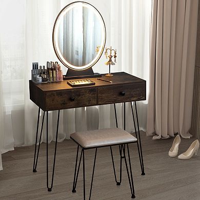 Rustic Brown Industrial Vanity Table With 3 Lighting Modes