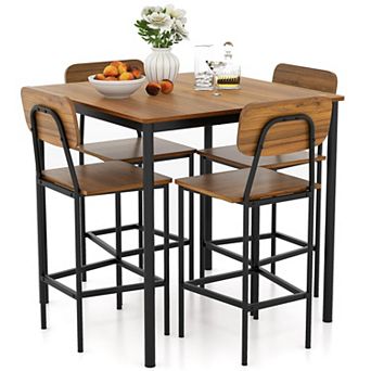 5 pc Industrial Dining Set With Counter-height Table And 4 Bar Stools-dark Brown