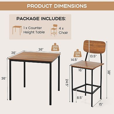 5-piece Industrial Dining Set With Counter-height Table And 4 Bar Stools-dark Brown