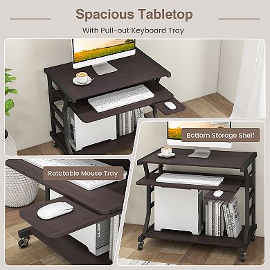 Mobile Computer Desk With Keyboard Tray, Mouse Tray, And Shelf-dark Brown