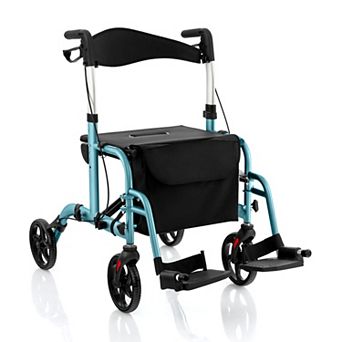 2-in-1 Adjustable Folding Handle Rollator Walker With Storage Space-blue