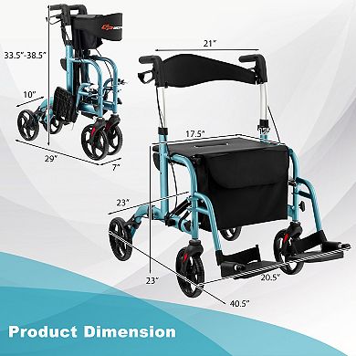2-in-1 Adjustable Folding Handle Rollator Walker With Storage Space-blue