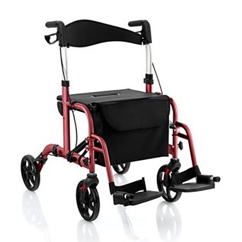 2-in-1 Adjustable Folding Handle Rollator Walker With Storage Space-red