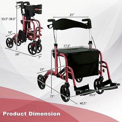 2-in-1 Adjustable Folding Handle Rollator Walker With Storage Space-red