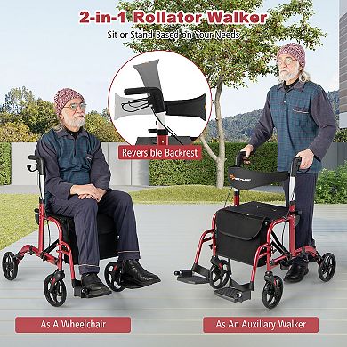 2-in-1 Adjustable Folding Handle Rollator Walker With Storage Space-red