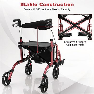 2-in-1 Adjustable Folding Handle Rollator Walker With Storage Space-red