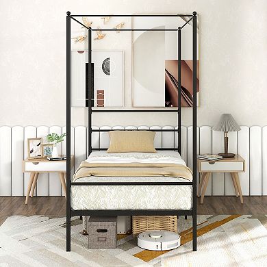 Twin Size Metal Canopy Bed Frame With Slat Support