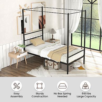 Twin Size Metal Canopy Bed Frame With Slat Support