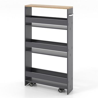 Slim Rolling Storage Cart 19 by 5 by 32 in with Open Shelves and Side Handle