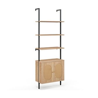71-inch 6 tier Wall-mounted Ladder Bookshelf With Rattan Cabinet-natural