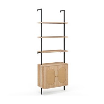 71-inch 6 tier Wall-mounted Ladder Bookshelf With Rattan Cabinet-natural